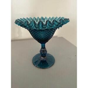 Vintage Blue Ruffled Glass Compote Dish Diamond Pattern
